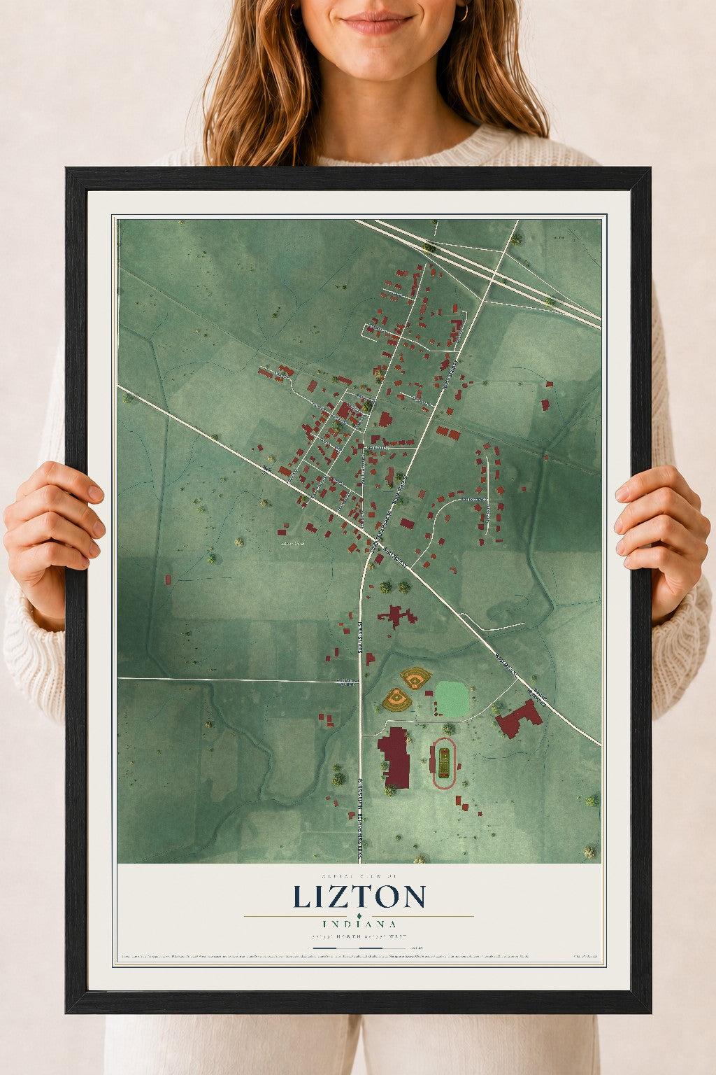 Map of Lizton, Indiana, 18 x 24 inch print in a black wood frame