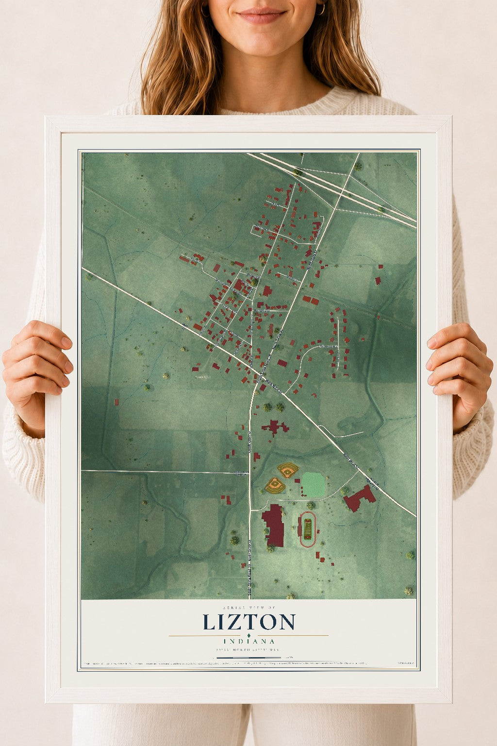 Map of Lizton, Indiana, 18 x 24 inch print in a white wood frame