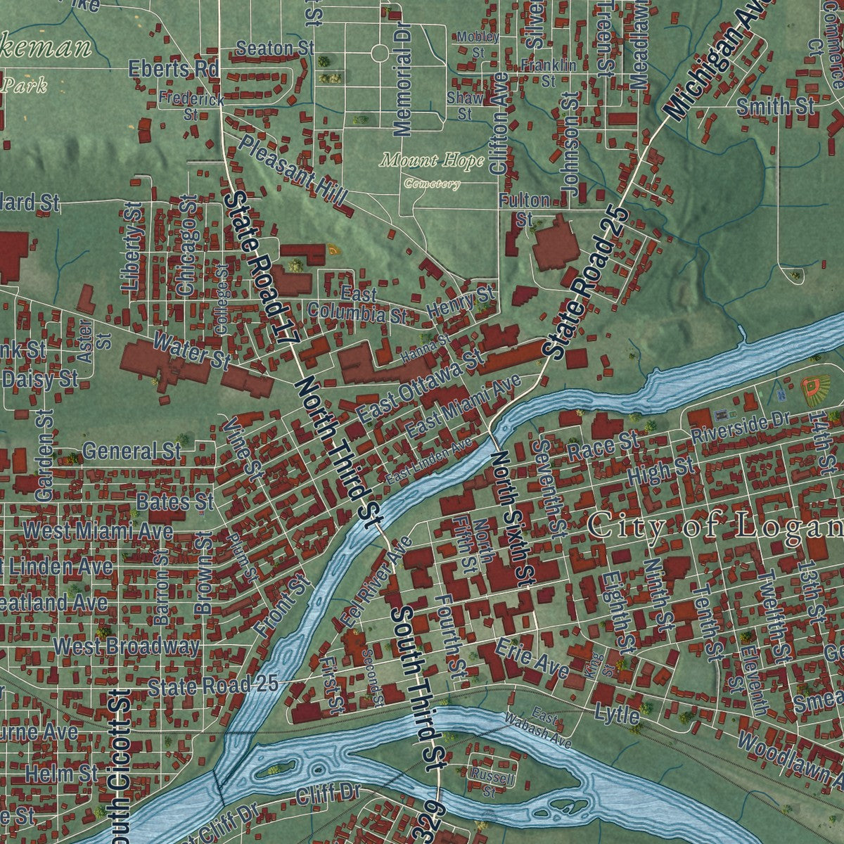 Close-up of the map of Logansport, Indiana print showing street and building detail