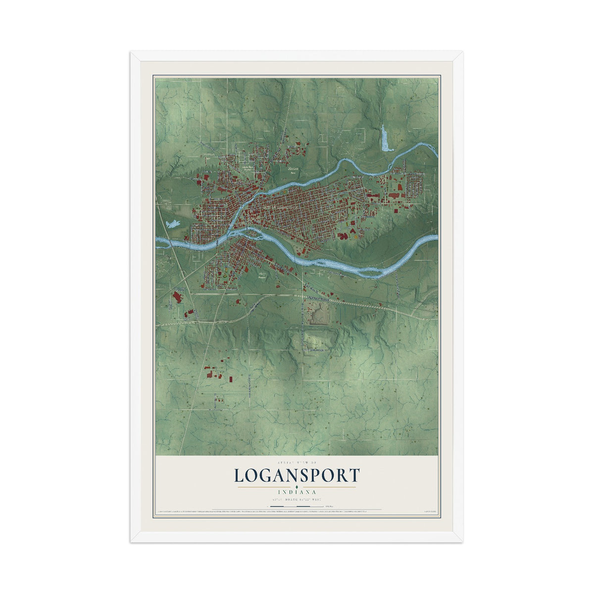 Map of Logansport, Indiana, 12 x 18 inch print in a white wood frame