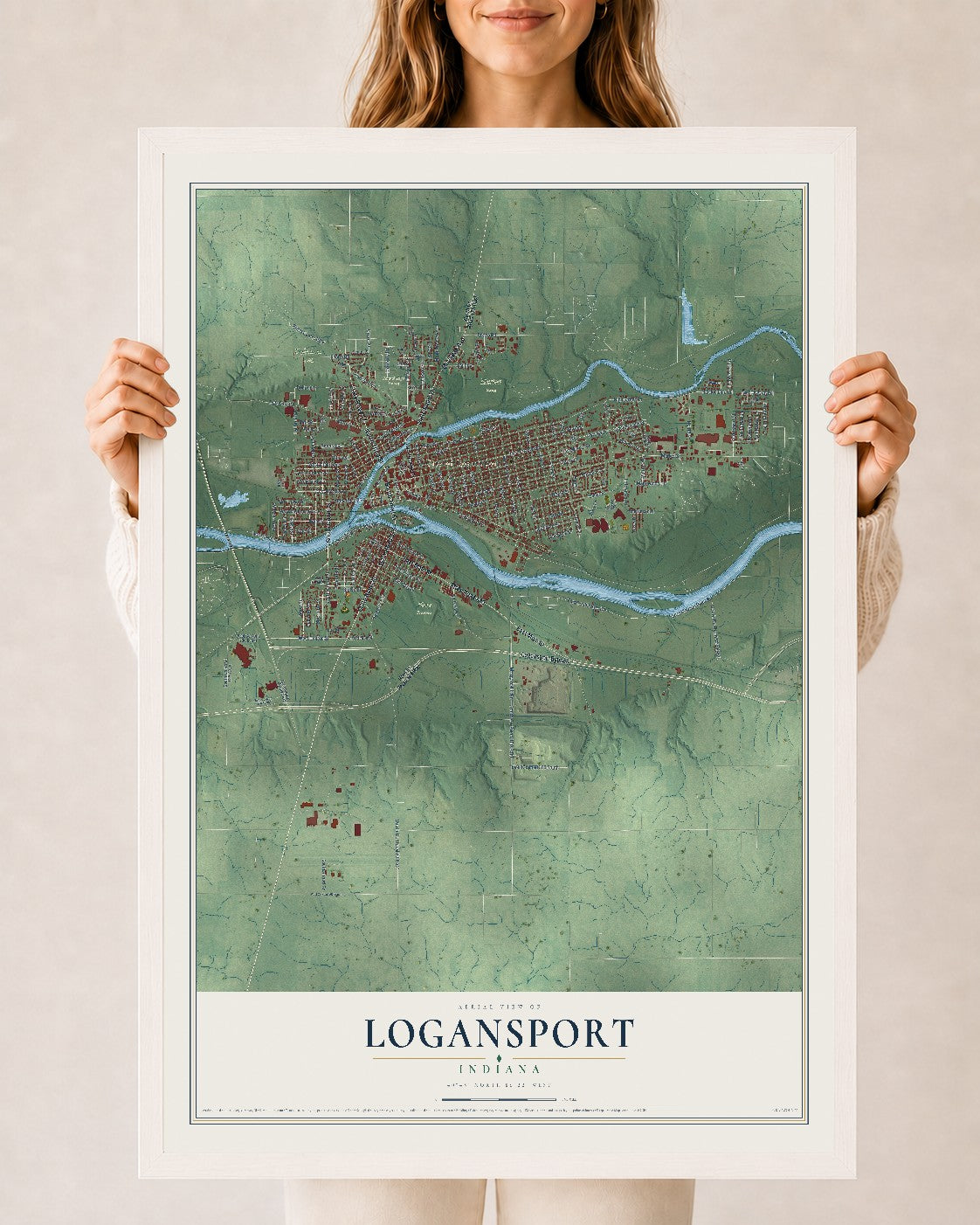 Map of Logansport, Indiana, 24 x 36 inch print in a white wood frame