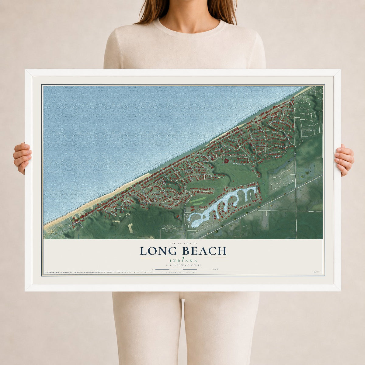 Map of Long Beach, Indiana, 24 x 36 inch print in a white wood frame