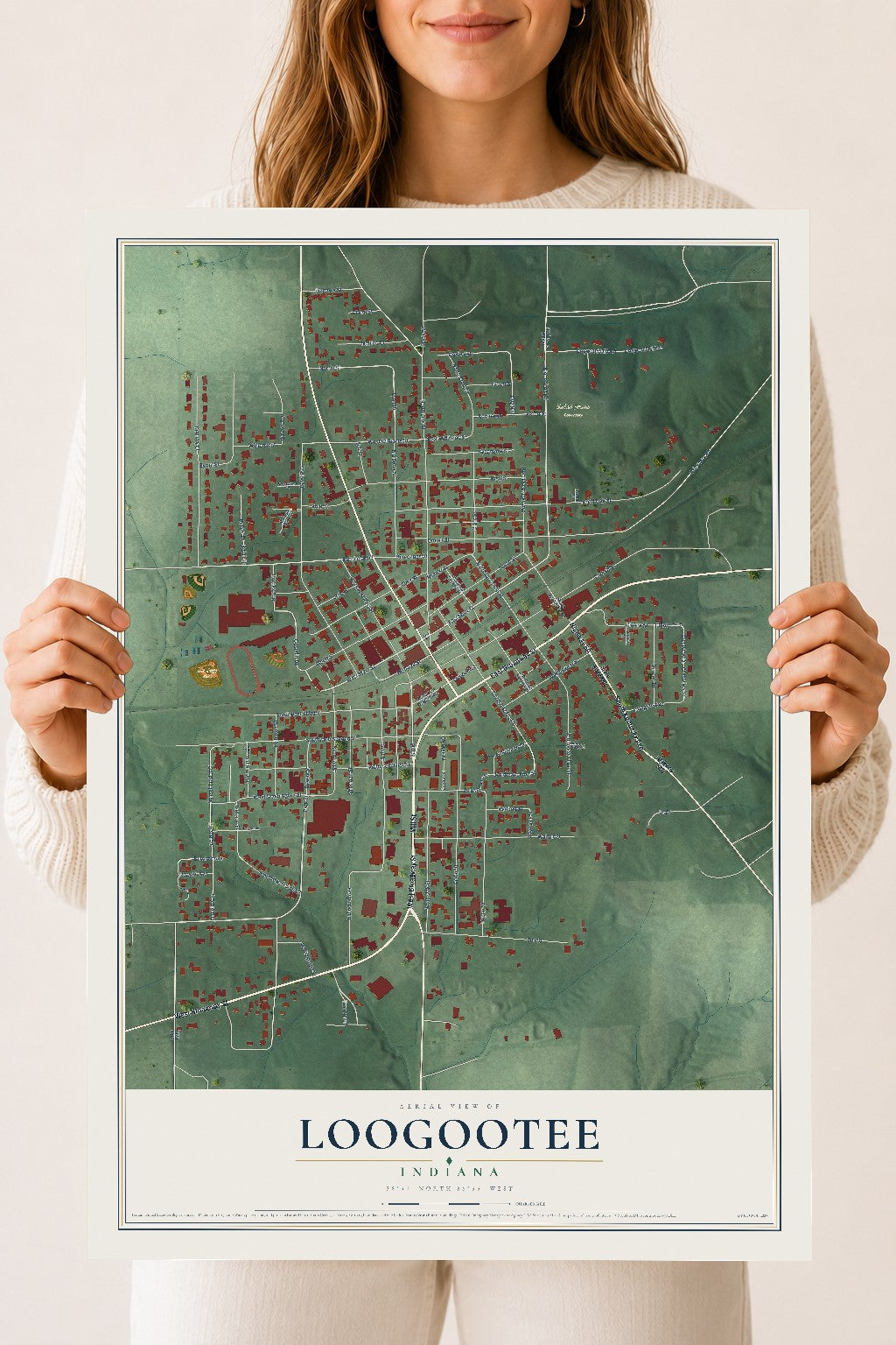 Map of Loogootee, Indiana, 18 x 24 inch unframed archival matte print