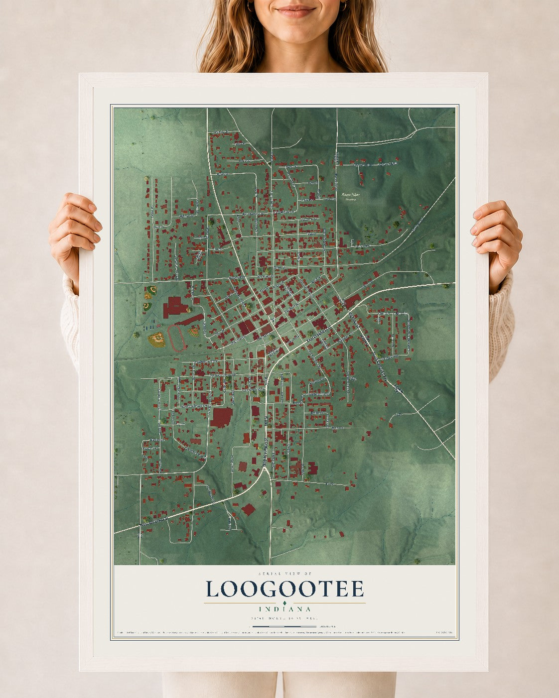 Map of Loogootee, Indiana, 24 x 36 inch print in a white wood frame