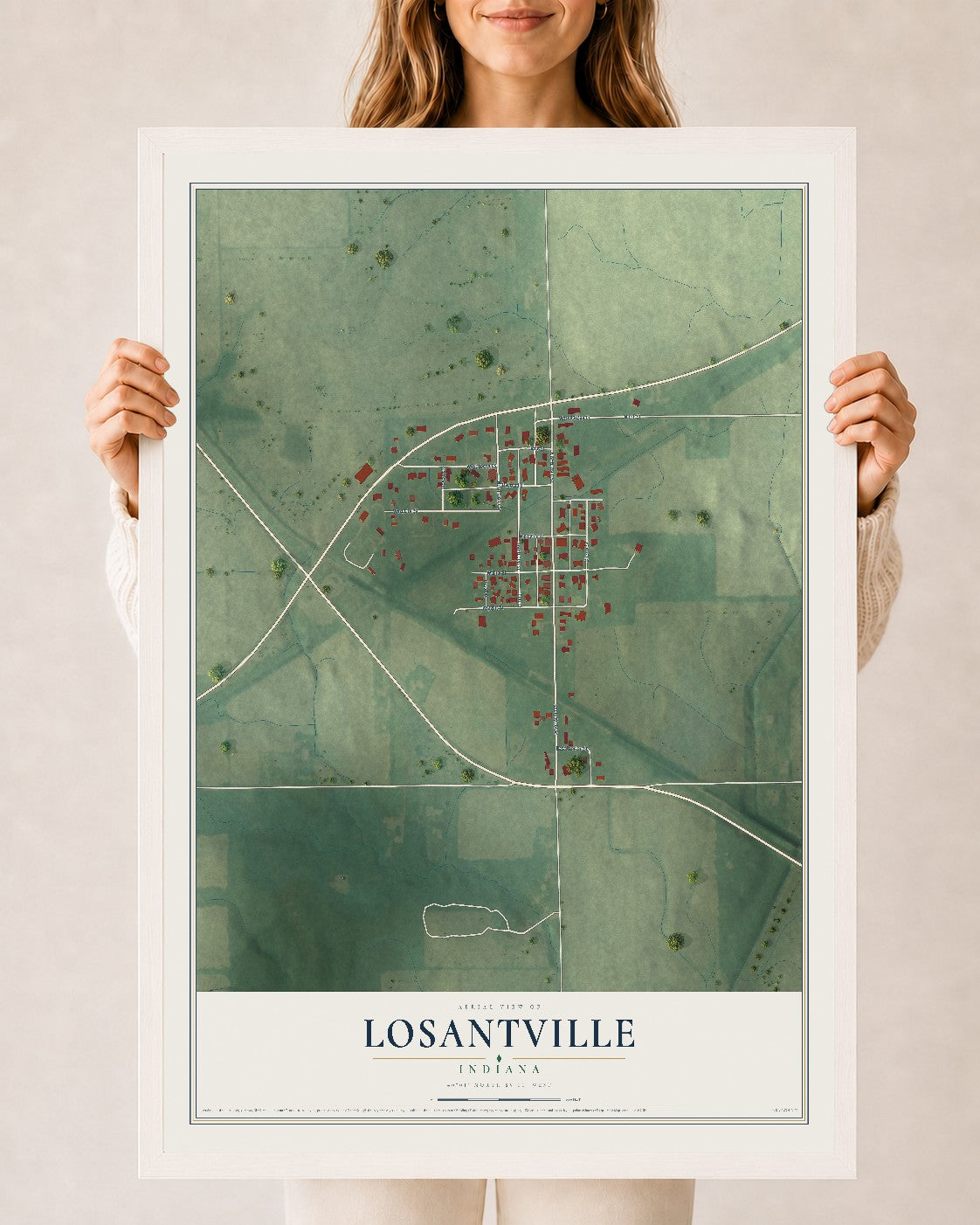 Map of Losantville, Indiana, 24 x 36 inch print in a white wood frame