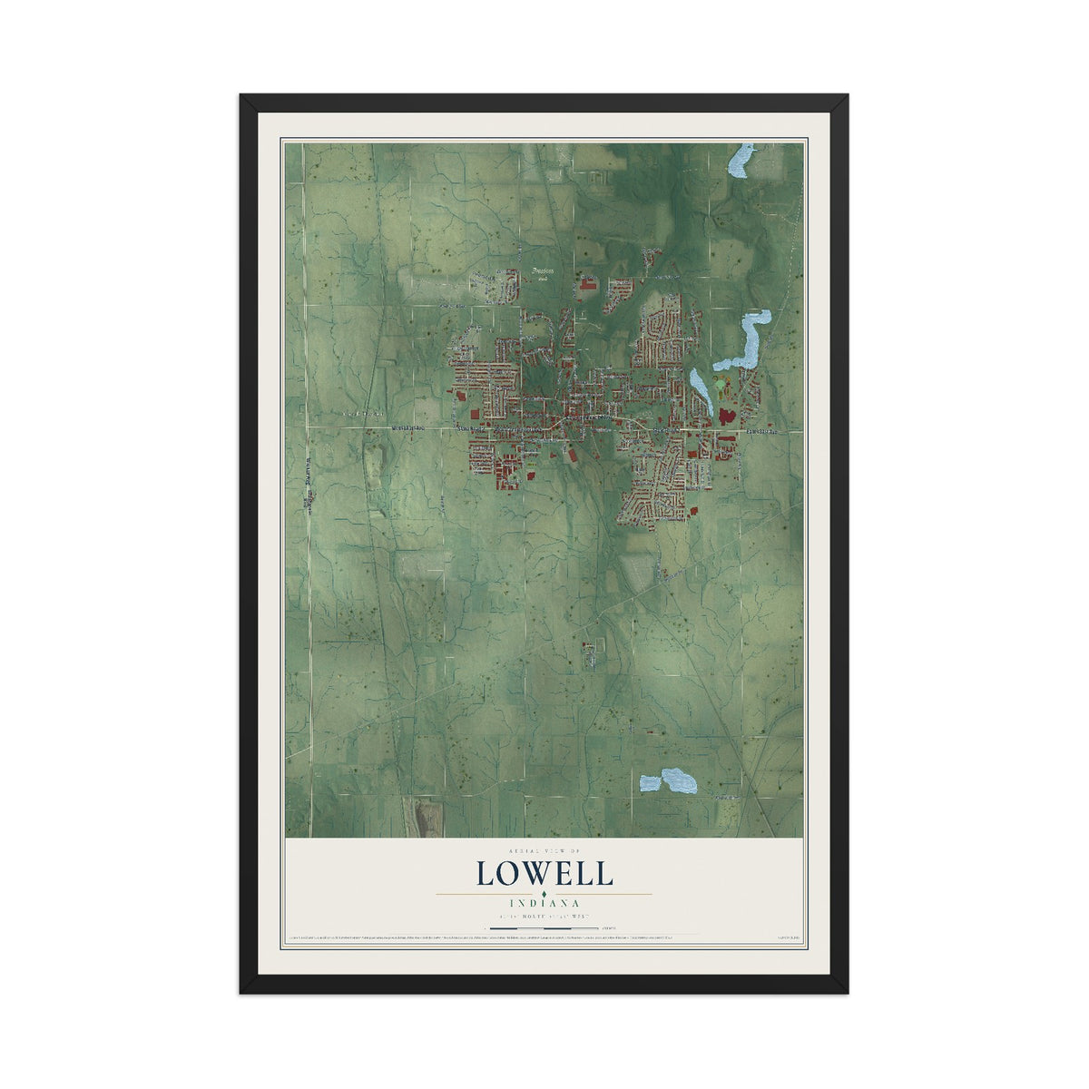 Map of Lowell, Indiana, 12 x 18 inch print in a black wood frame