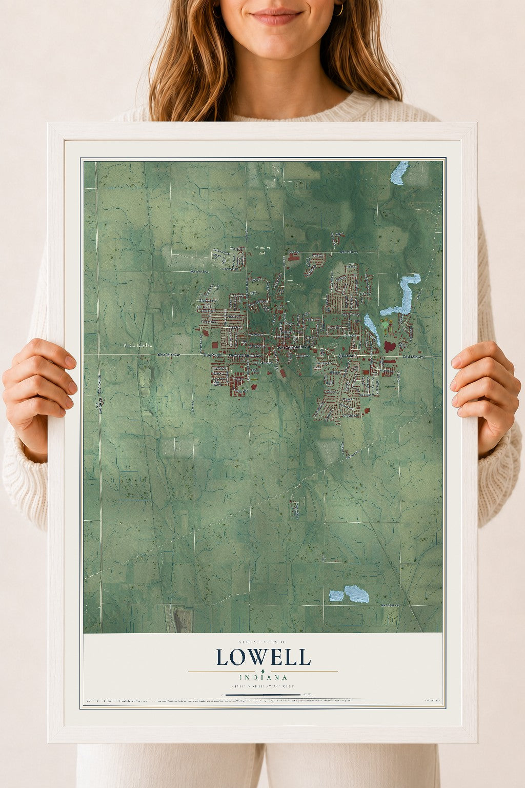 Map of Lowell, Indiana, 18 x 24 inch print in a white wood frame