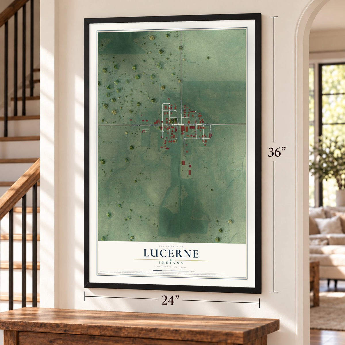 Lucerne, Indiana map, 24 x 36 inch print in a black frame by a staircase