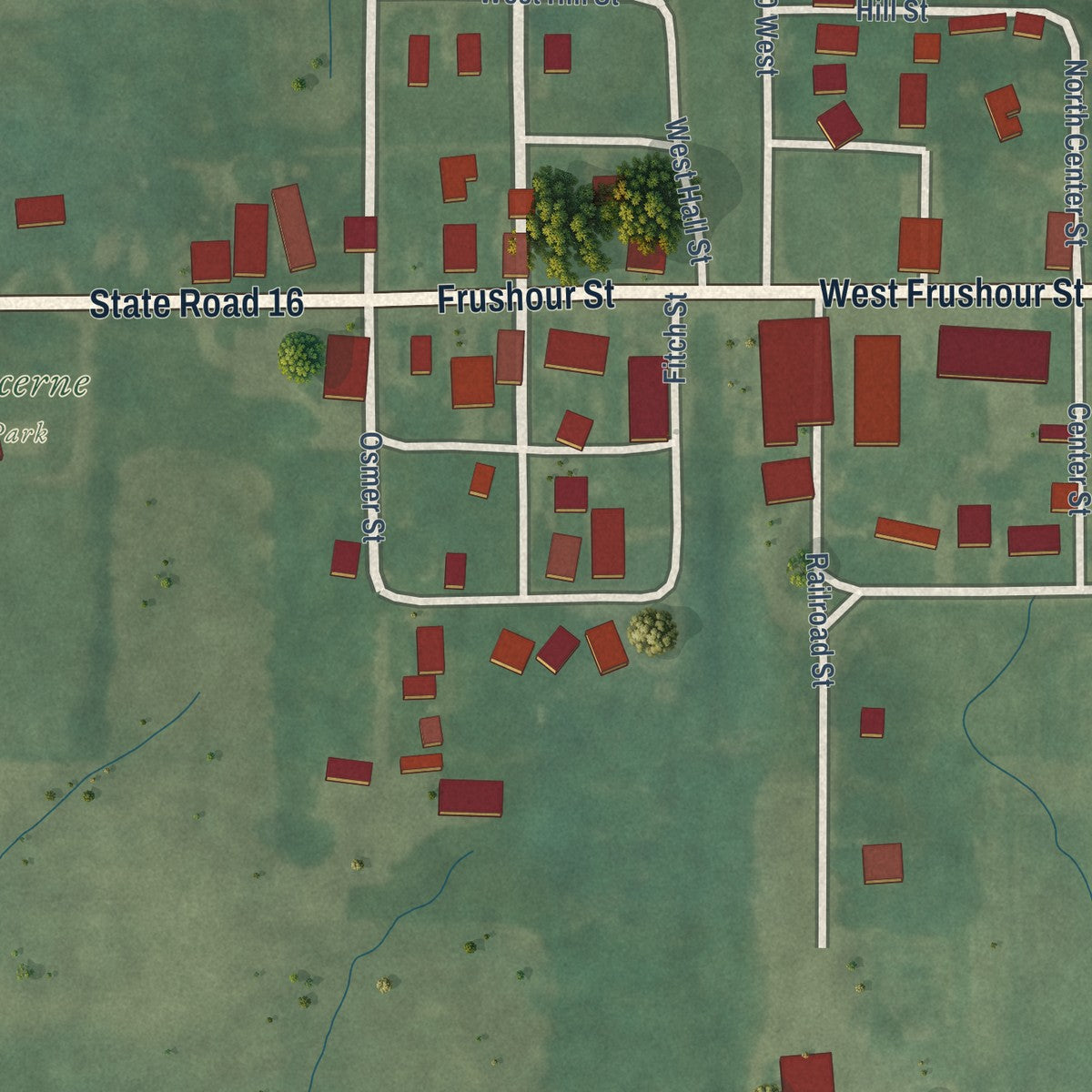 Close-up of the map of Lucerne, Indiana print showing street and building detail