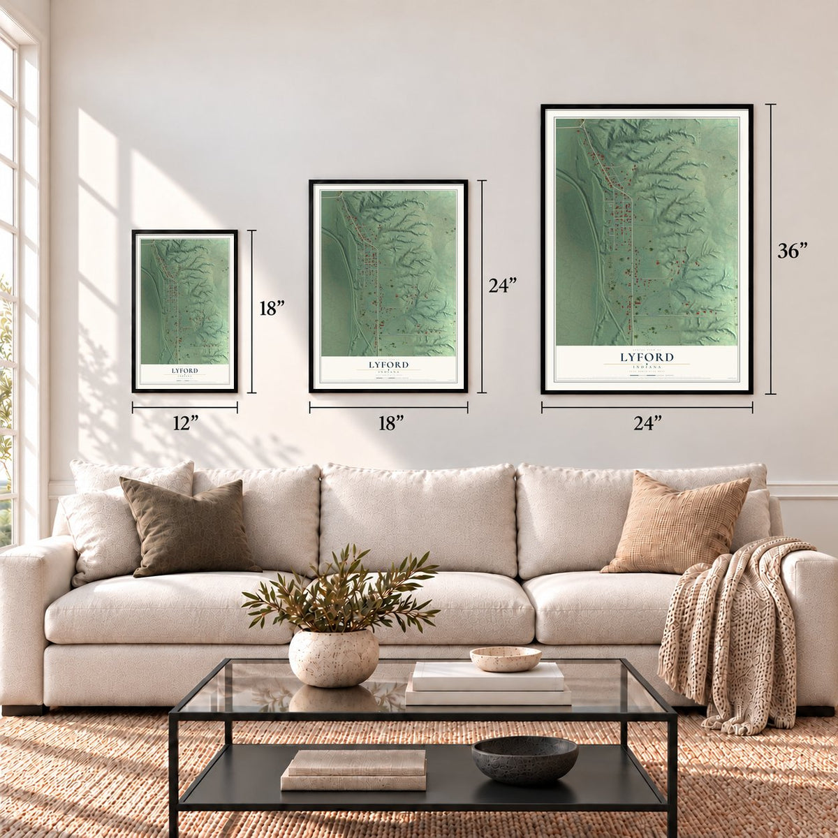 Lyford, Indiana map in 12 x 18, 18 x 24 and 24 x 36 inch sizes above a sofa