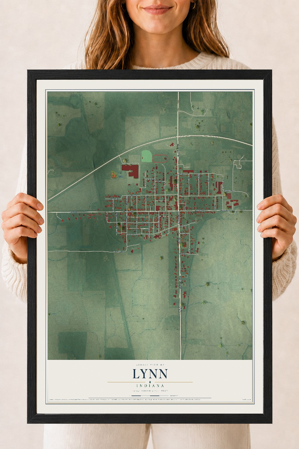 Map of Lynn, Indiana, 18 x 24 inch print in a black wood frame