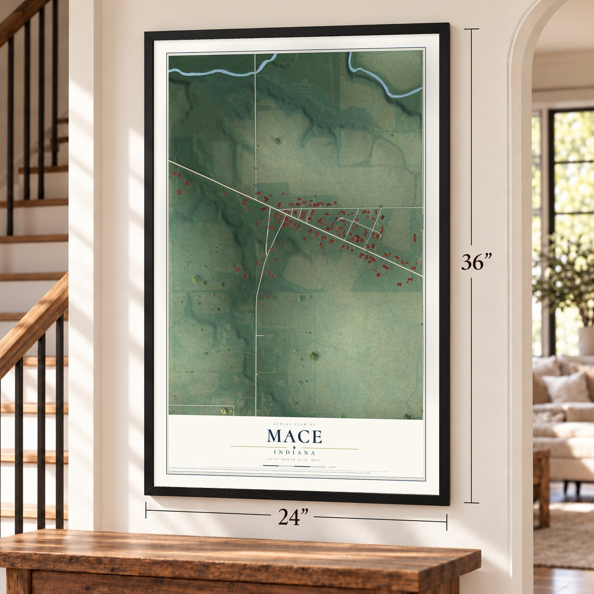 Mace, Indiana map, 24 x 36 inch print in a black frame by a staircase