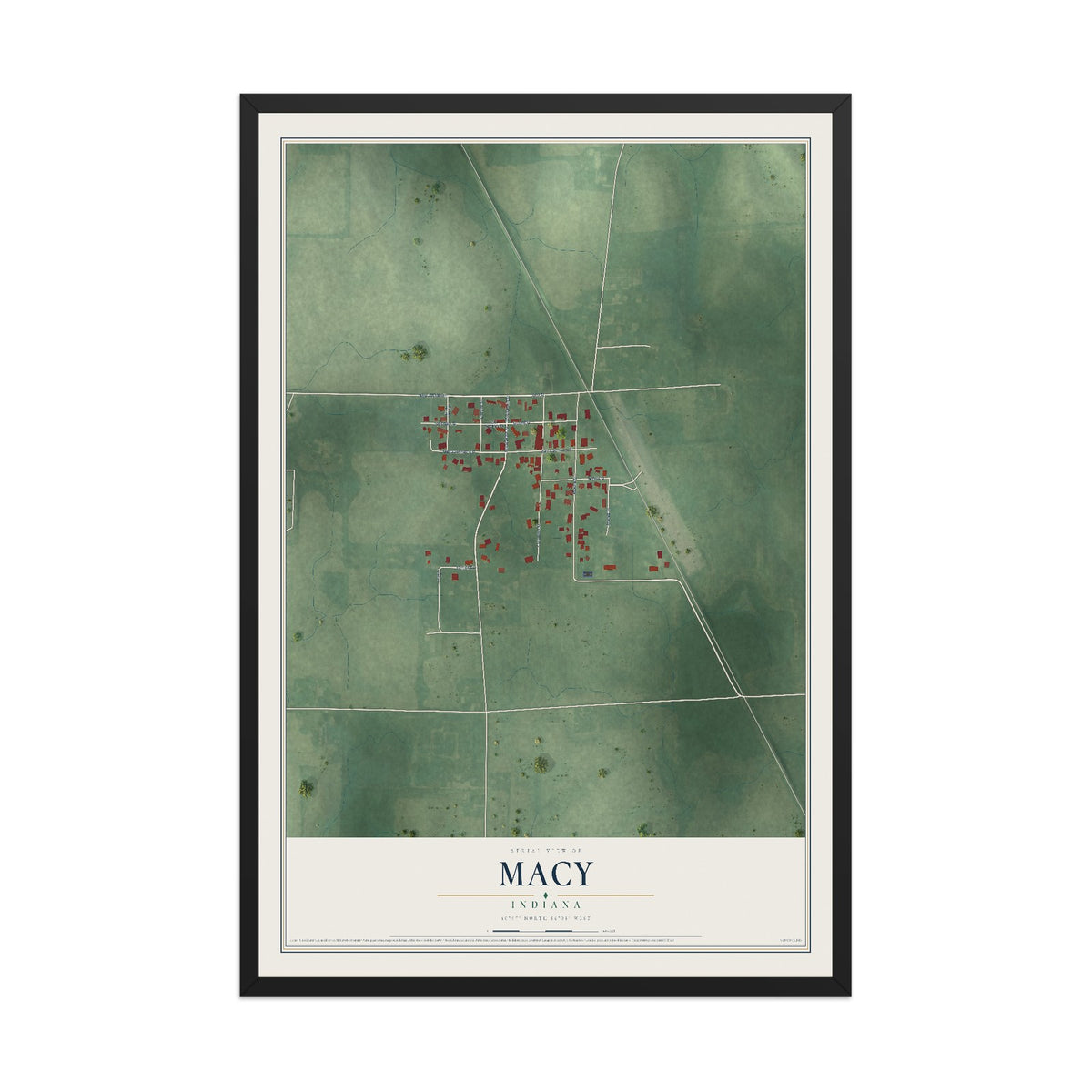 Map of Macy, Indiana, 12 x 18 inch print in a black wood frame