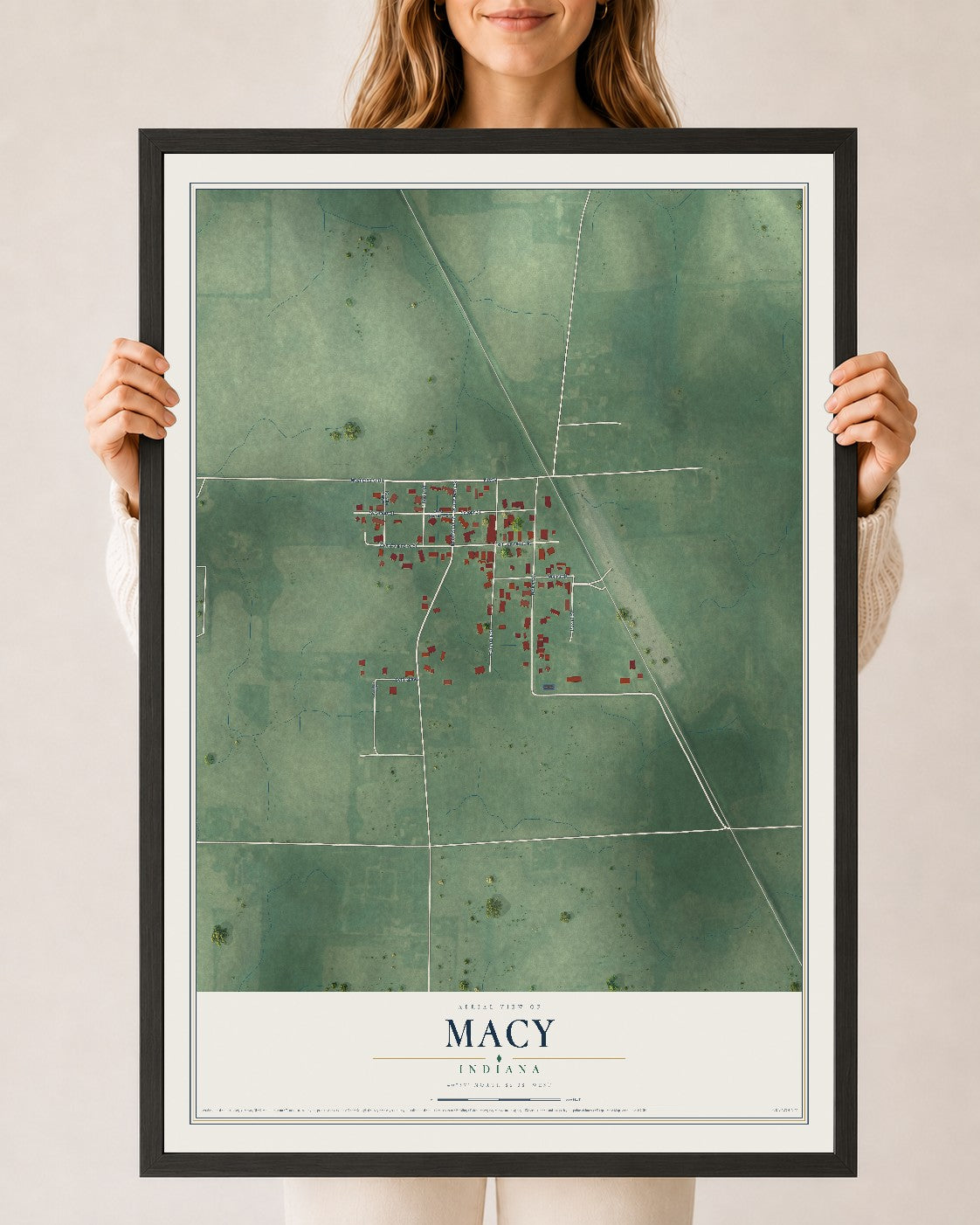 Map of Macy, Indiana, 24 x 36 inch print in a black wood frame
