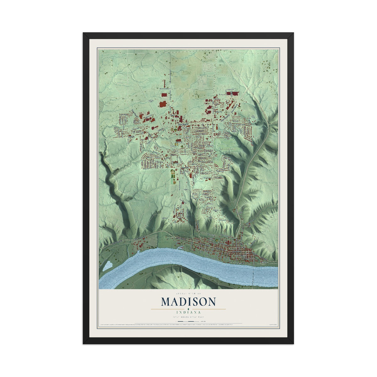 Map of Madison, Indiana, 12 x 18 inch print in a black wood frame