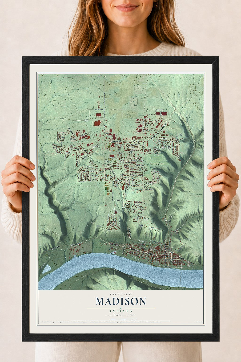 Map of Madison, Indiana, 18 x 24 inch print in a black wood frame