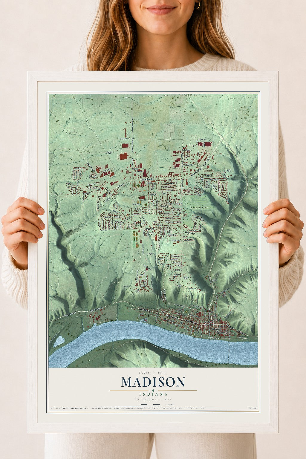 Map of Madison, Indiana, 18 x 24 inch print in a white wood frame