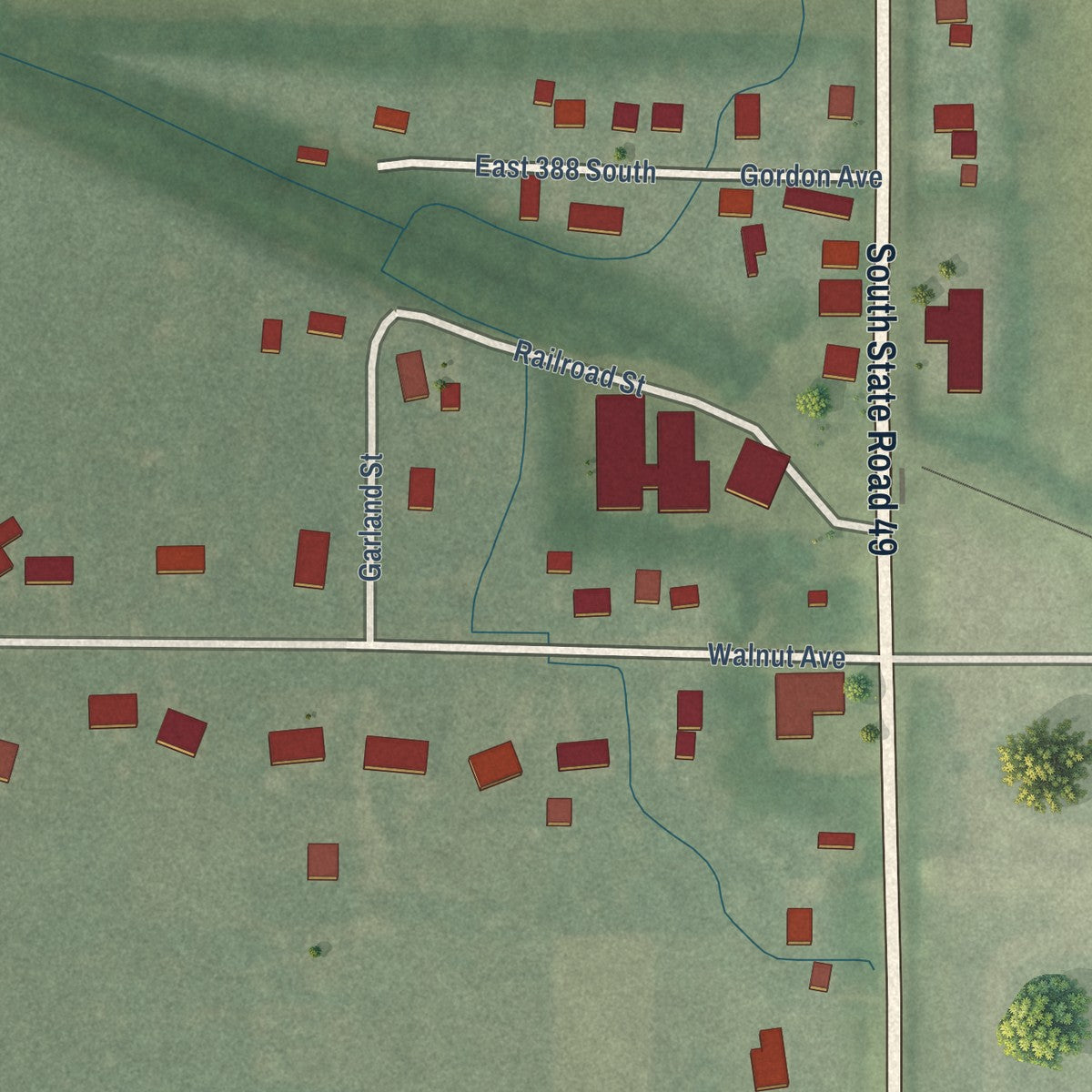 Close-up of the map of Malden, Indiana print showing street and building detail