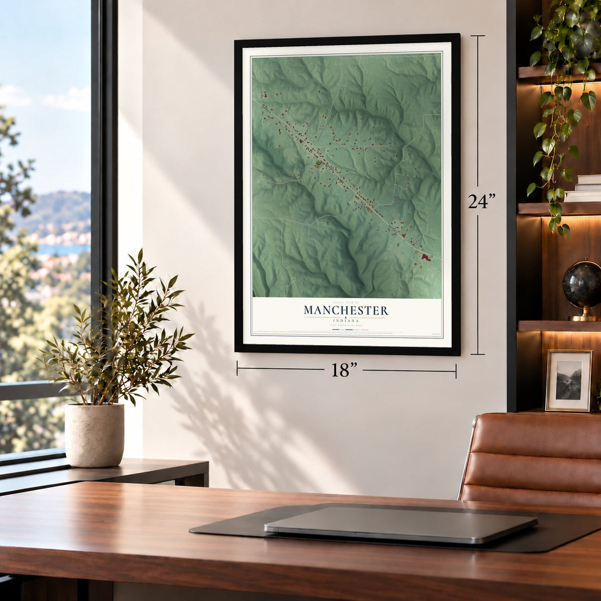 Manchester, Indiana map, 18 x 24 inch print in a black frame in a home office