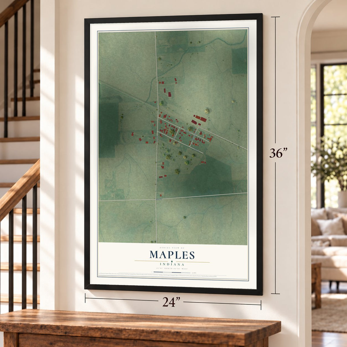 Maples, Indiana map, 24 x 36 inch print in a black frame by a staircase