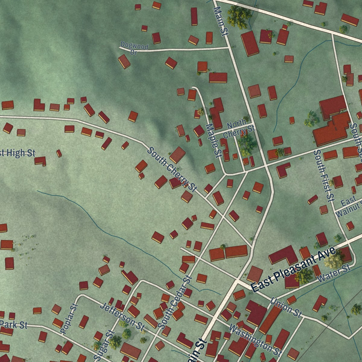 Close-up of the map of Marengo, Indiana print showing street and building detail