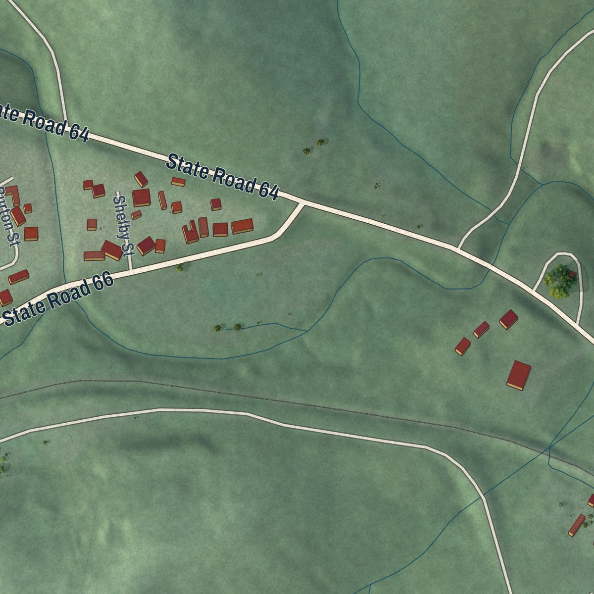 Second close-up of the map of Marengo, Indiana print showing more streets and buildings