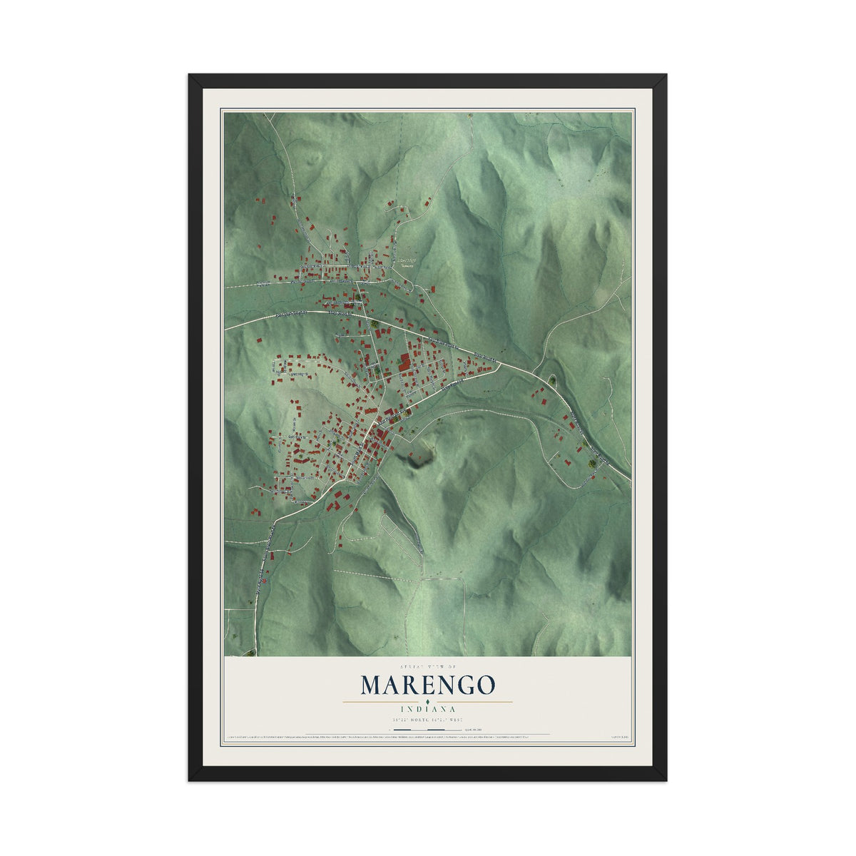Map of Marengo, Indiana, 12 x 18 inch print in a black wood frame