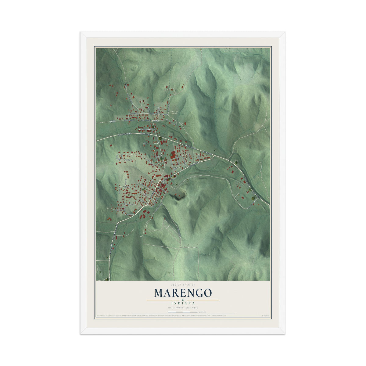 Map of Marengo, Indiana, 12 x 18 inch print in a white wood frame
