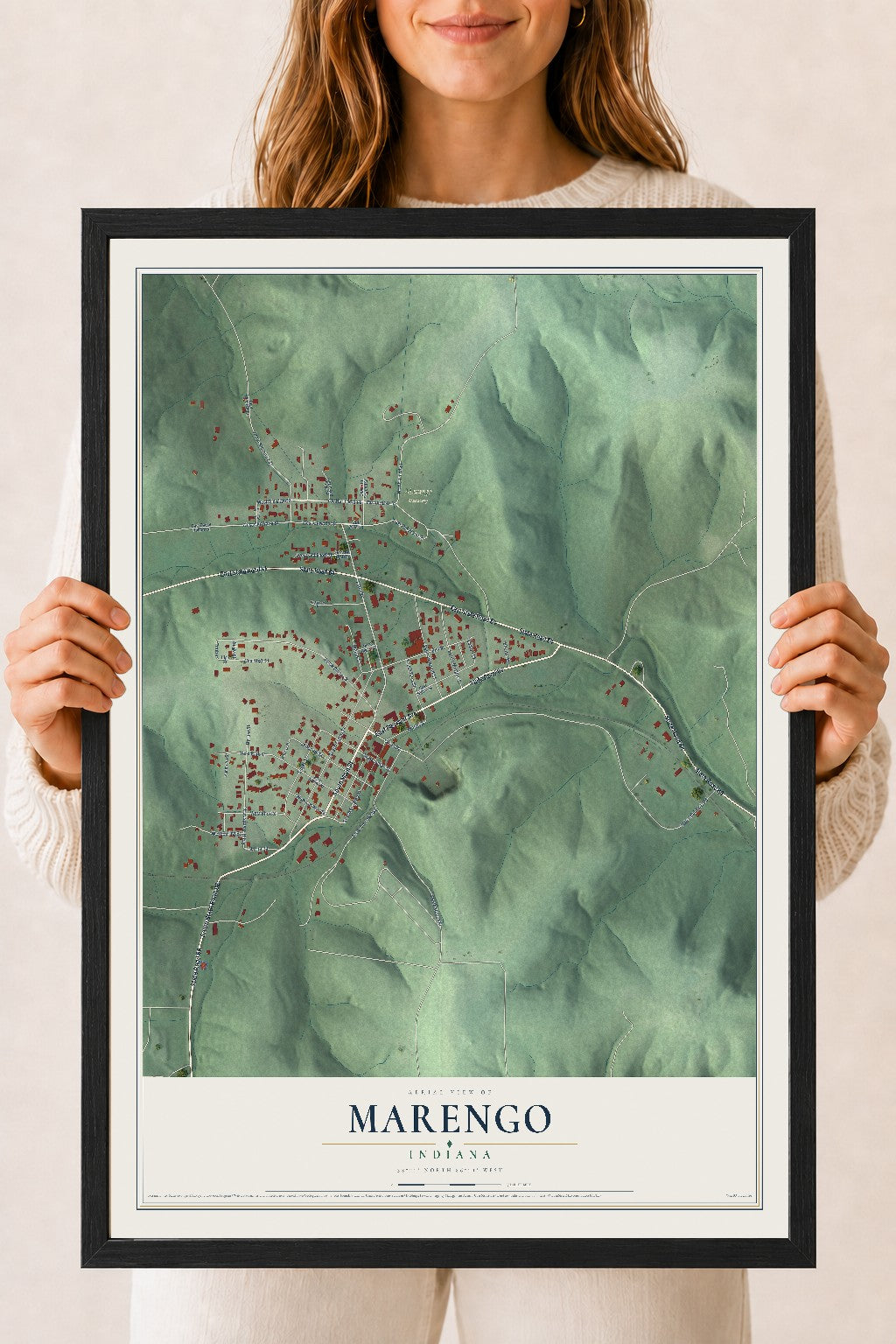Map of Marengo, Indiana, 18 x 24 inch print in a black wood frame