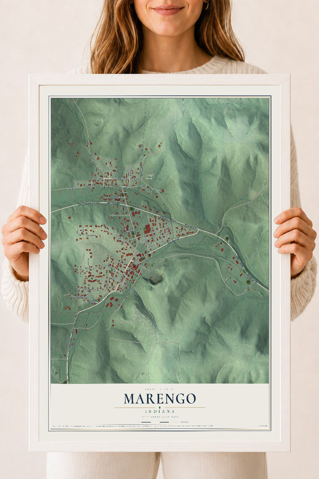 Map of Marengo, Indiana, 18 x 24 inch print in a white wood frame