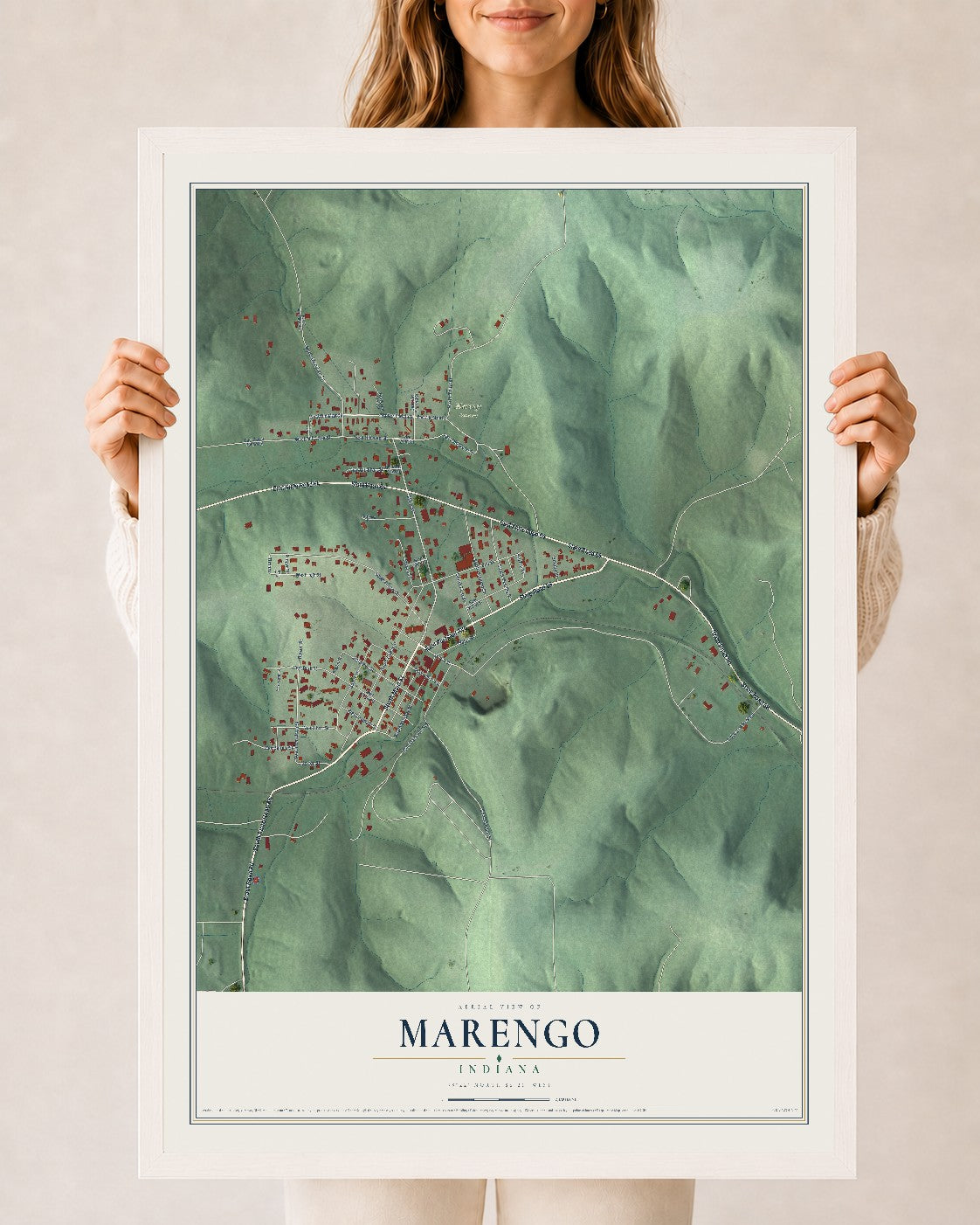 Map of Marengo, Indiana, 24 x 36 inch print in a white wood frame