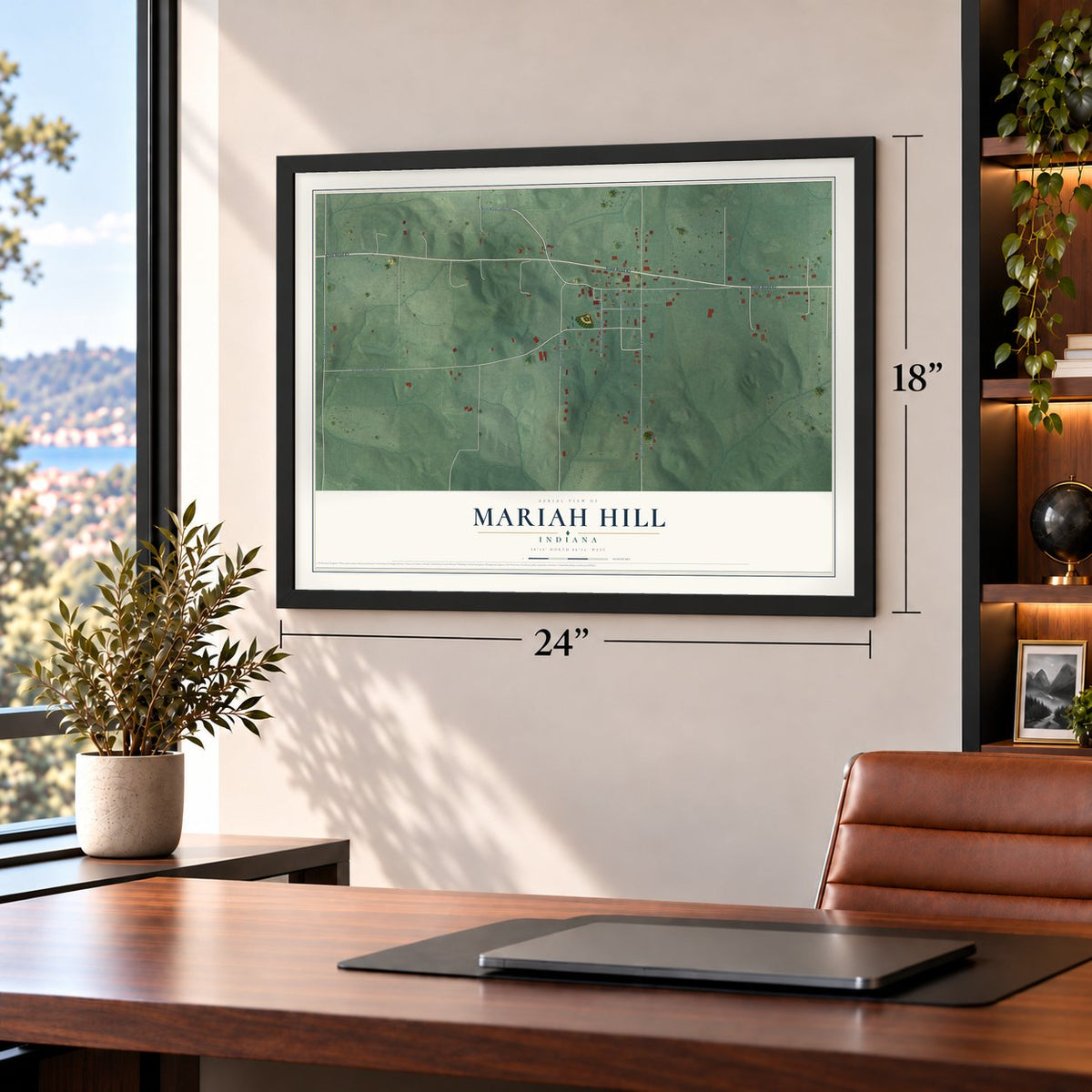 Mariah Hill, Indiana map, 18 x 24 inch print in a black frame in a home office