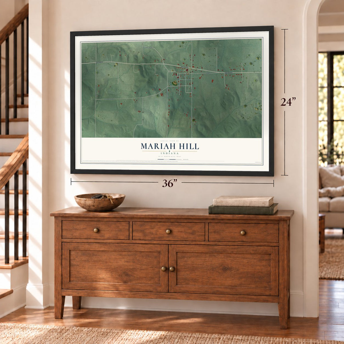 Mariah Hill, Indiana map, 24 x 36 inch print in a black frame above a dresser by a staircase