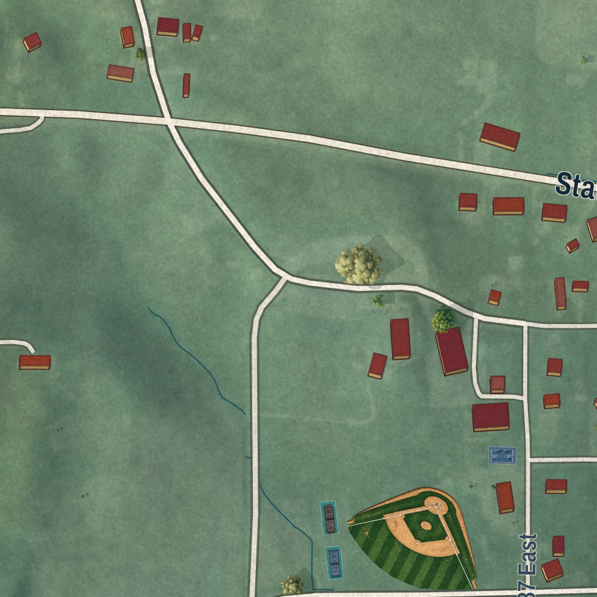 Close-up of the map of Mariah Hill, Indiana print showing street and building detail