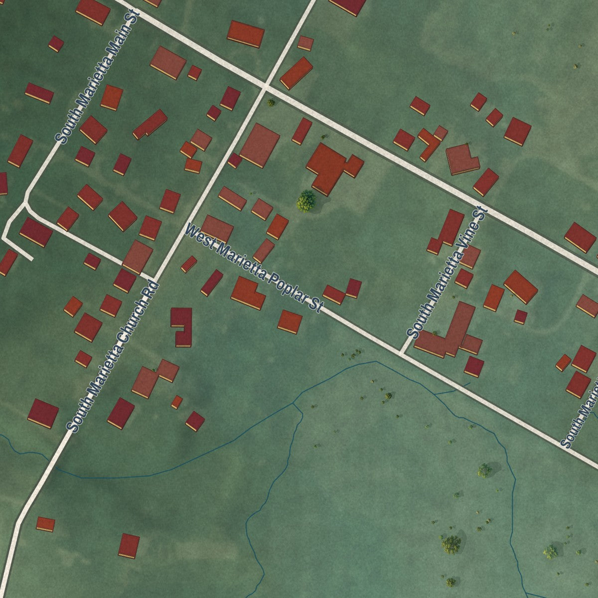 Close-up of the map of Marietta, Indiana print showing street and building detail