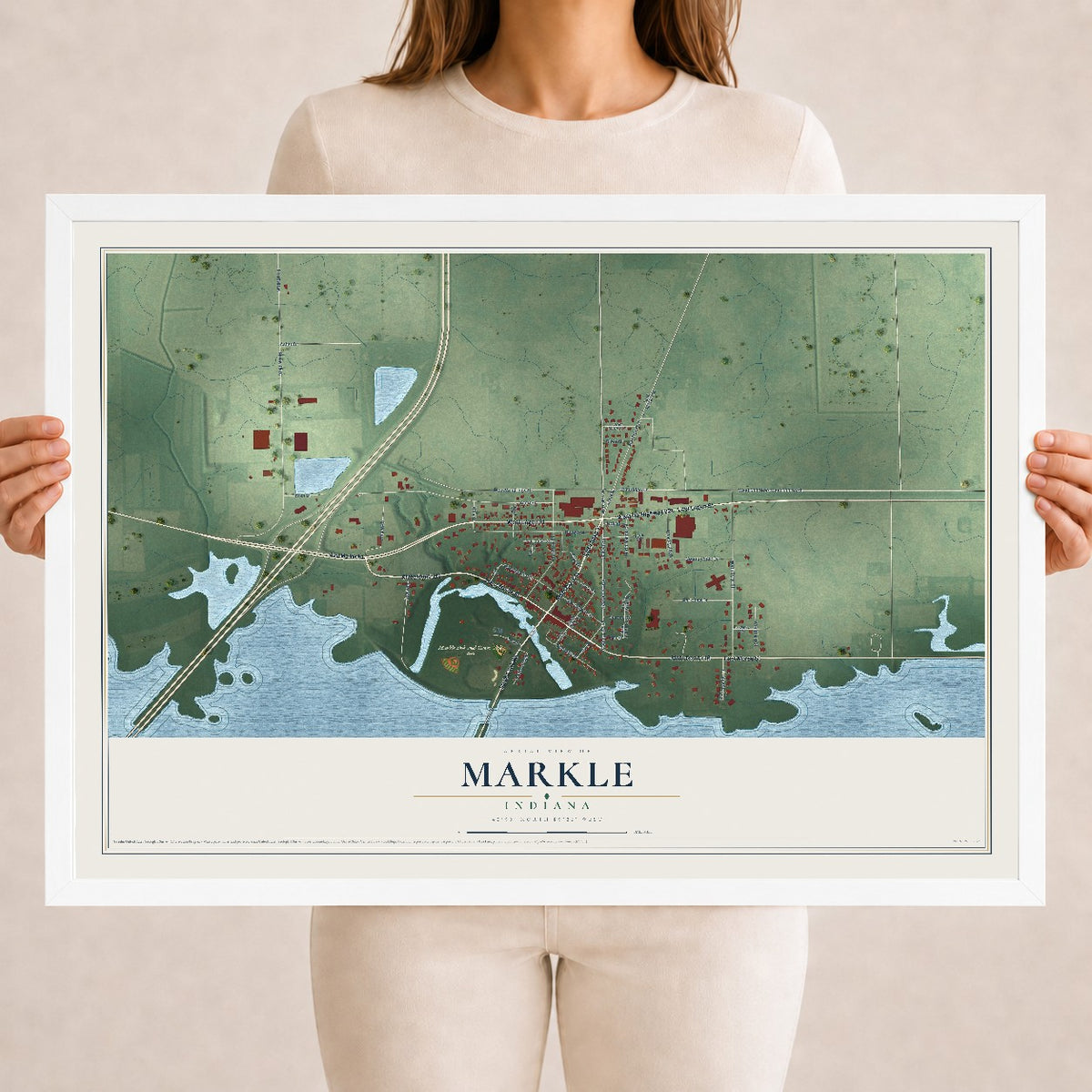 Map of Markle, Indiana, 18 x 24 inch print in a white wood frame