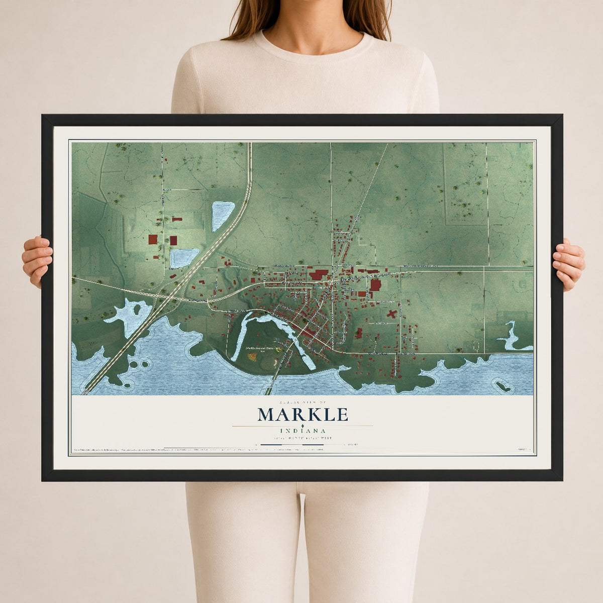 Map of Markle, Indiana, 24 x 36 inch print in a black wood frame