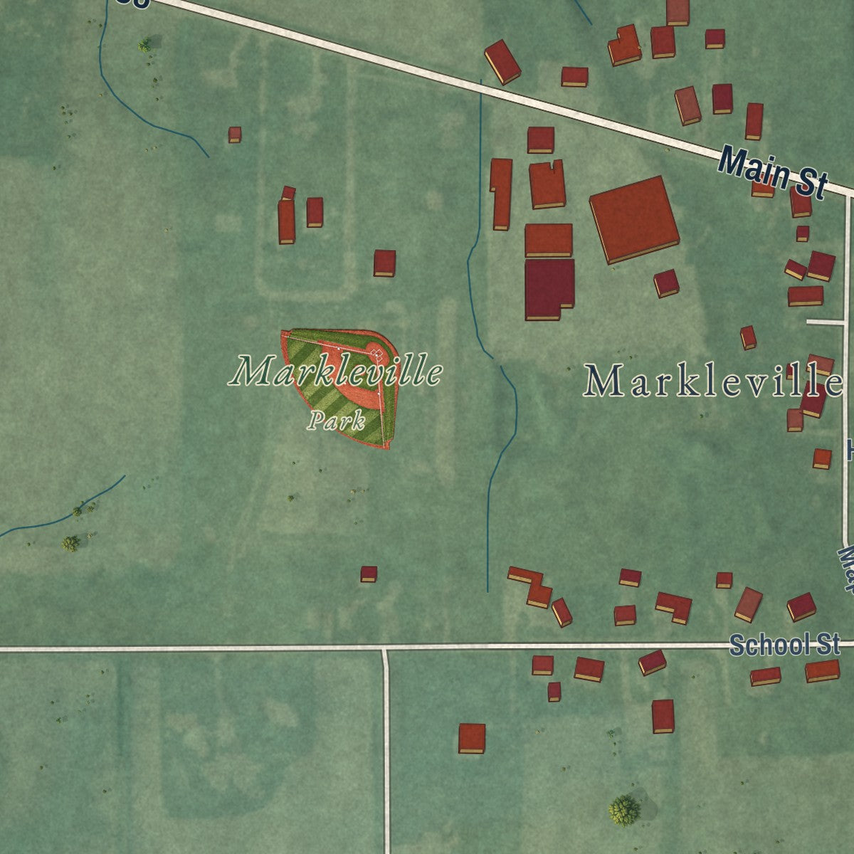 Second close-up of the map of Markleville, Indiana print showing more streets and buildings