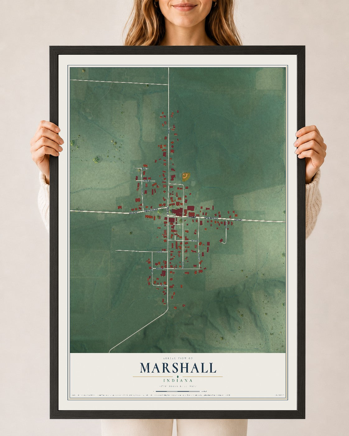 Map of Marshall, Indiana, 24 x 36 inch print in a black wood frame