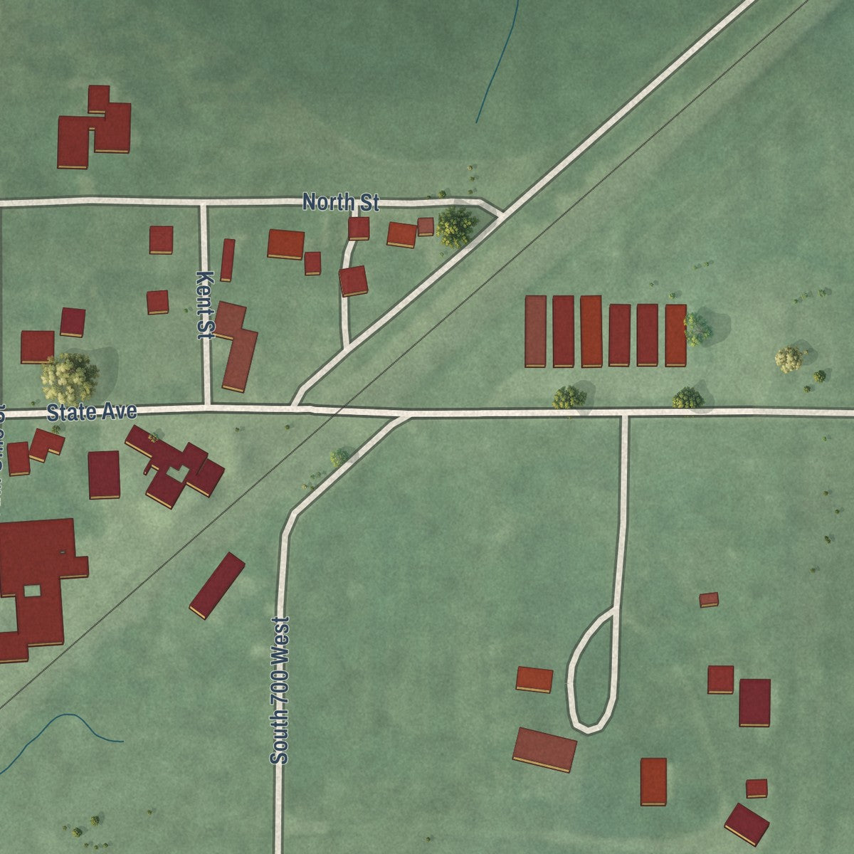 Close-up of the map of Marshfield, Indiana print showing street and building detail