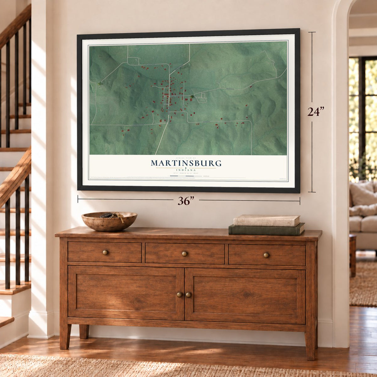 Martinsburg, Indiana map, 24 x 36 inch print in a black frame above a dresser by a staircase