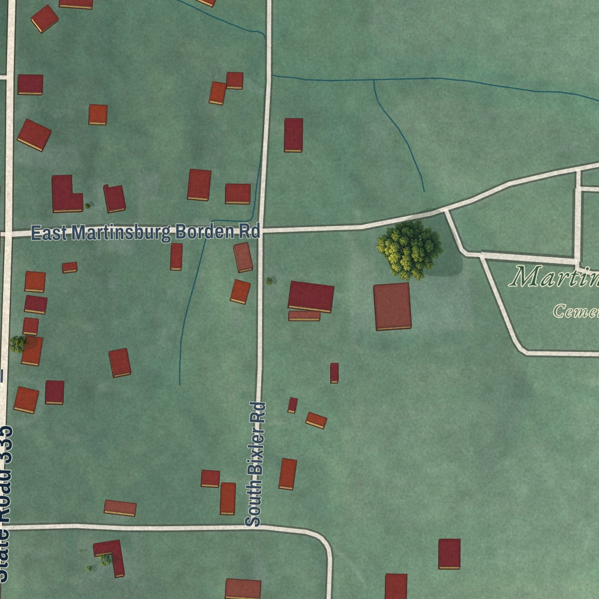Close-up of the map of Martinsburg, Indiana print showing street and building detail
