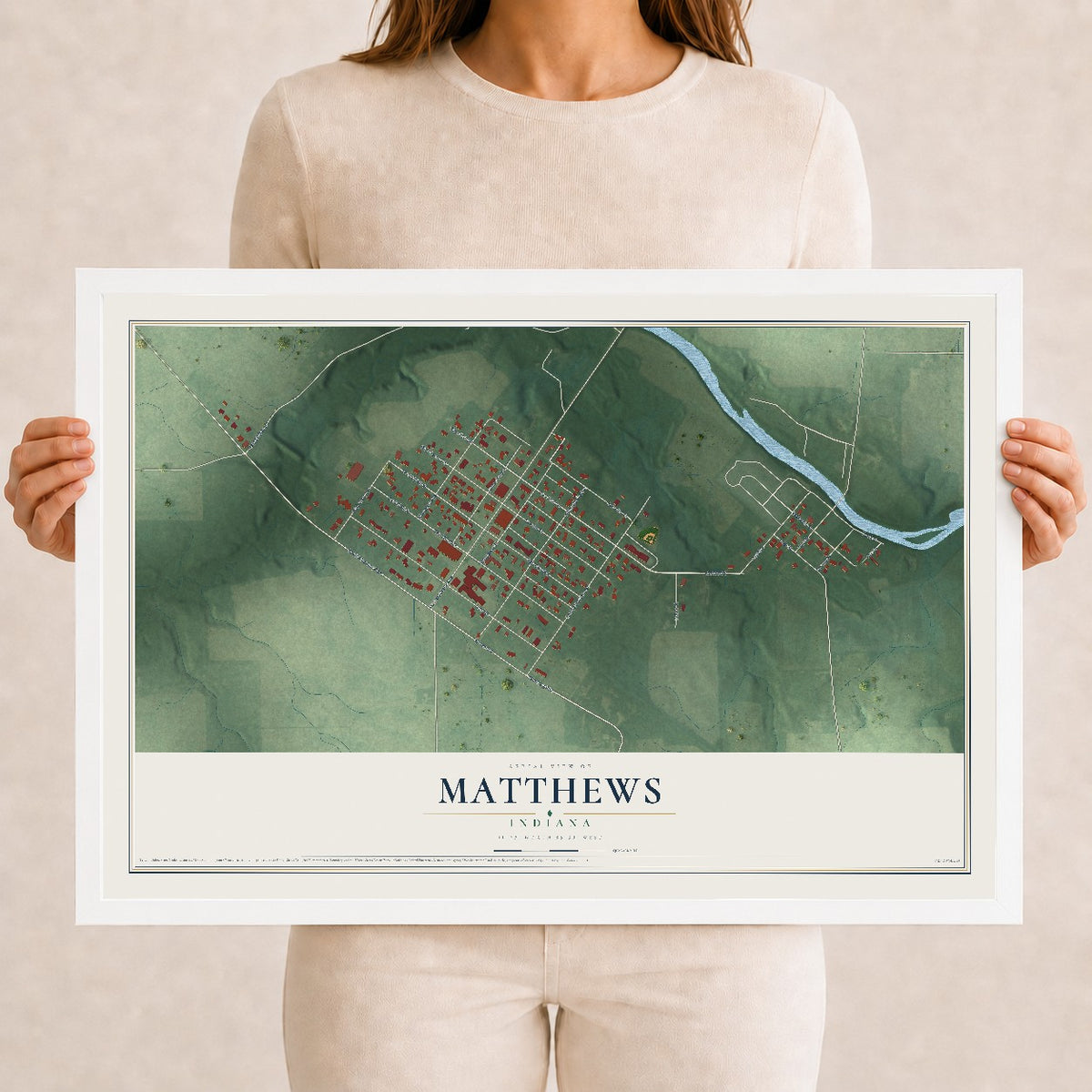 Map of Matthews, Indiana, 12 x 18 inch print in a white wood frame