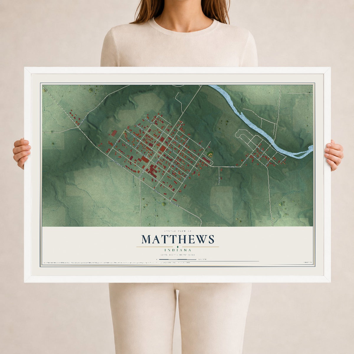 Map of Matthews, Indiana, 24 x 36 inch print in a white wood frame