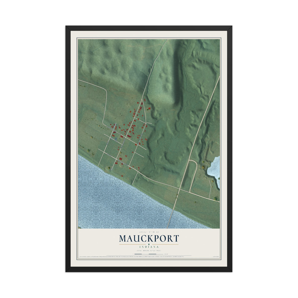 Map of Mauckport, Indiana, 12 x 18 inch print in a black wood frame