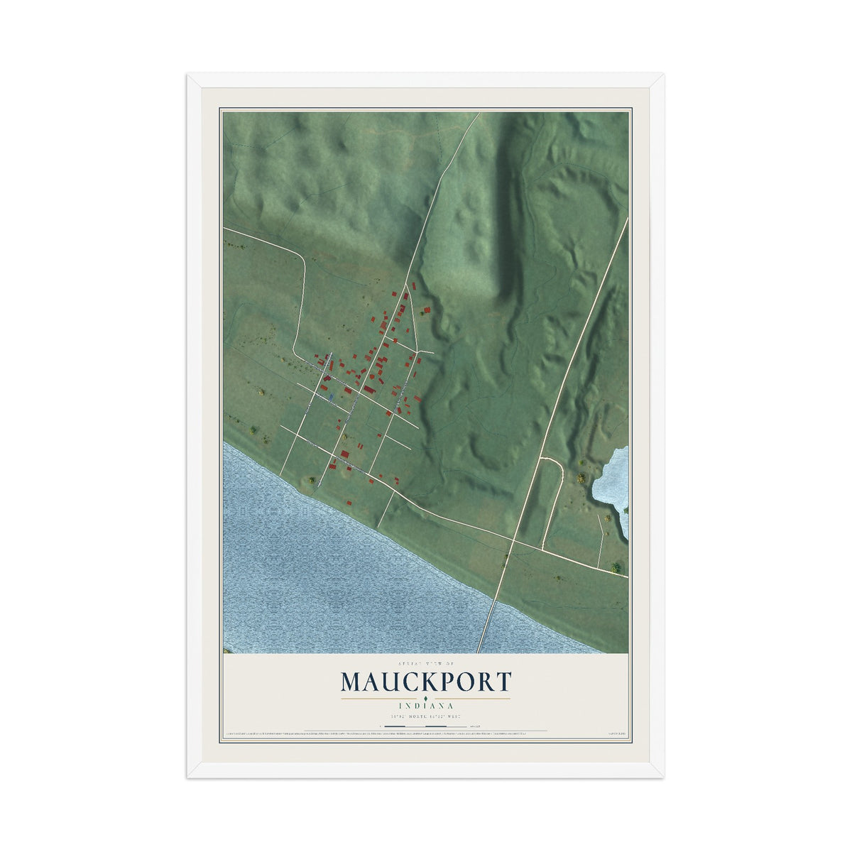 Map of Mauckport, Indiana, 12 x 18 inch print in a white wood frame