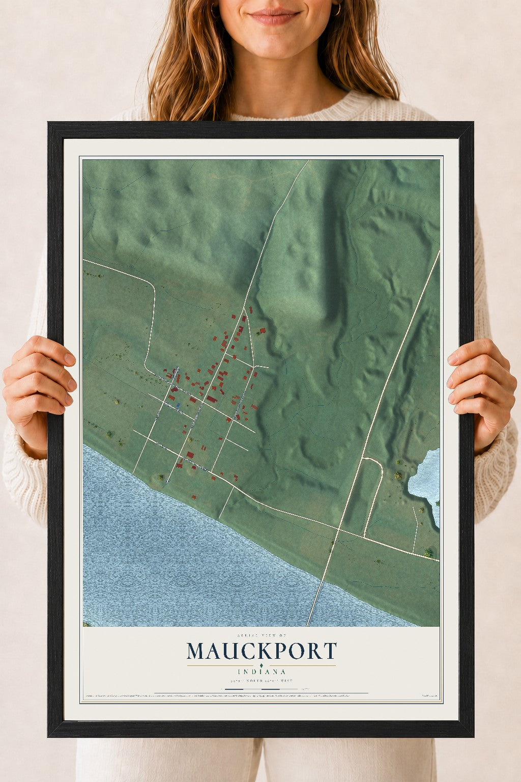 Map of Mauckport, Indiana, 18 x 24 inch print in a black wood frame