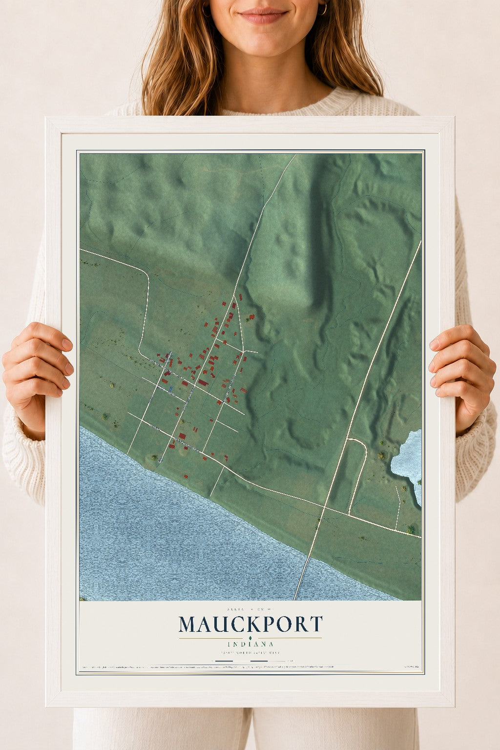 Map of Mauckport, Indiana, 18 x 24 inch print in a white wood frame