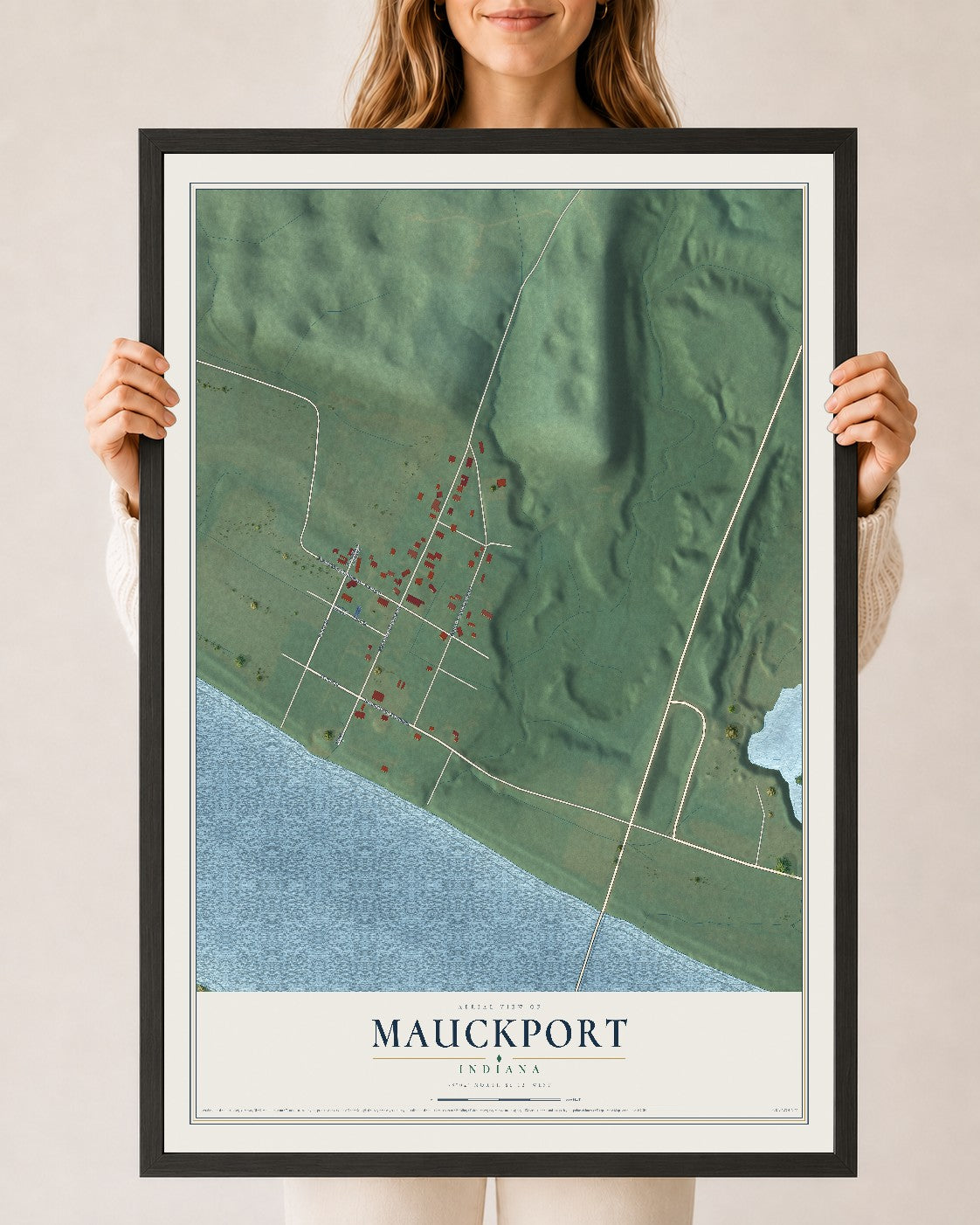 Map of Mauckport, Indiana, 24 x 36 inch print in a black wood frame