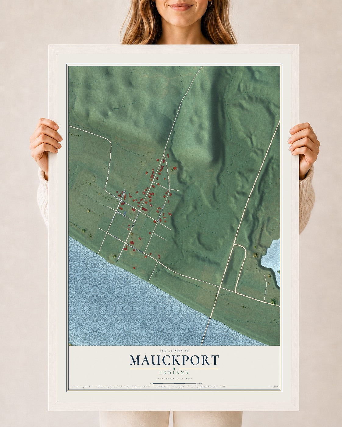 Map of Mauckport, Indiana, 24 x 36 inch print in a white wood frame